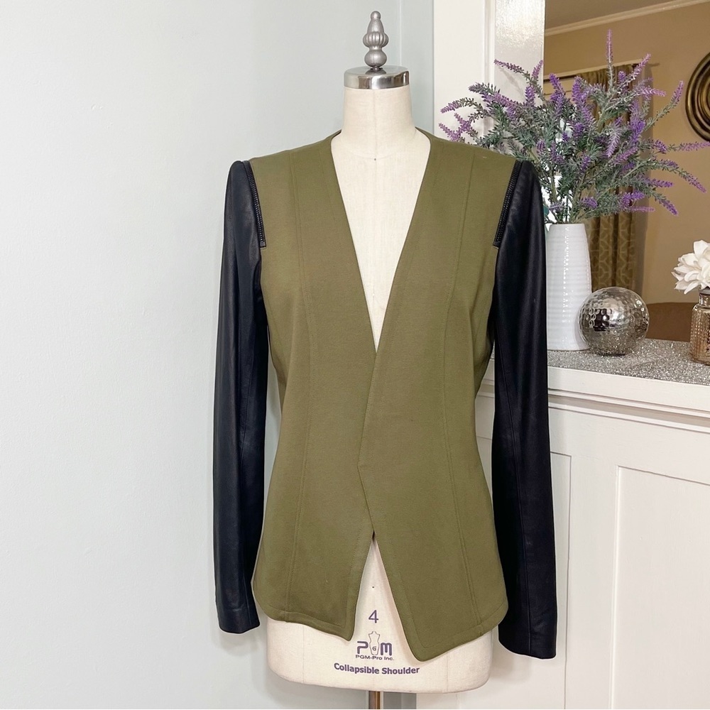 Theory Yaisa Pryor Leather Sleeve Blazer Jacket Olive Green & Black Large - Picture 5 of 16